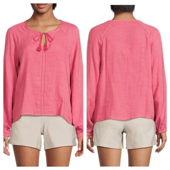 Faherty Celina Puff Sleeve Top Size M Pink Gauzy Peasant Blouse Organic Cotton - Picture 1 of 9